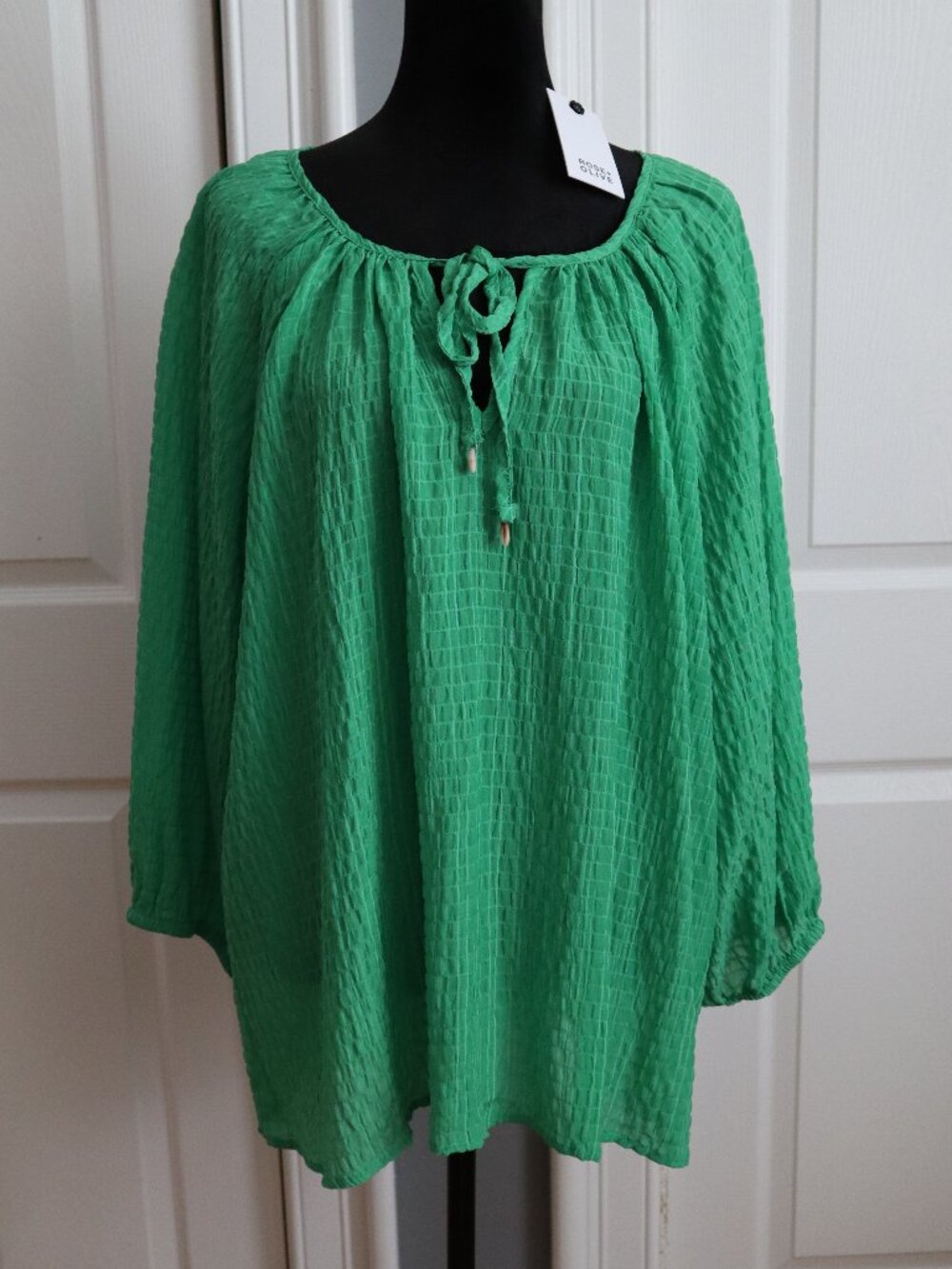 Rose + Olive Semi Sheer Tunic Peasant Blouse Top Green Shell Beads Plus Size 3x